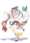  adapted_costume hat japanese_clothes long_hair mononobe_no_futo open_mouth ponytail ribbon ribbon-trimmed_sleeves ribbon_trim short_hair silver_hair simple_background skirt smile solo tate_eboshi touhou white_background yetworldview_kaze 