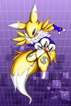  black_nose blue_eyes chest_tuft claws digimon facial_markings fur gloves korarubi markings navel renamon tuft white_fur yellow_fur 