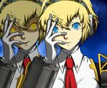  aegis_(persona) android blonde_hair blue_eyes dark_persona face hand_on_own_face kamui_sathi necktie persona persona_3 persona_4:_the_ultimate_in_mayonaka_arena short_hair solo yellow_eyes 