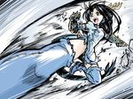  black_hair blue_eyes blue_footwear boots china_dress chinese_clothes dragon_girl dragon_tail dress flying_kick gloves head_fins horns ishiyumi karin_(p&amp;d) kicking long_hair motion_blur open_mouth puzzle_&amp;_dragons spiked_gloves tail thighhighs 