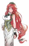  adapted_costume blue_eyes braid breasts bridal_gauntlets hat hong_meiling large_breasts long_hair matsuda_(matsukichi) messy_hair red_hair smile solo touhou twin_braids very_long_hair wrist_cuffs 