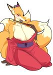  1girl areola_slip areolae blush breasts canine female fox furry huge_breasts japanese_clothes kazuhiro large_breasts mammal multiple_tails open_mouth red_eyes smile solo 