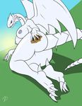  anthro blue-eyes_white_dragon blue_eyes breasts butt claws dragon female looking_at_viewer looking_back nipples shadow sky solo sun teeth toe_claws white_dragon wings yu-gi-oh zp92 