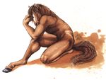  anthro barefoot biceps blotch brown_fur equine flaccid fur hooves horse male mammal nude penis pinup pony pose side_view simple_background solo touching_hair 