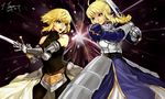  2girls absurdres ahoge armor armored_dress artoria_pendragon_(all) blonde_hair blue_eyes dated excalibur fate/apocrypha fate/stay_night fate_(series) faulds gauntlets green_eyes hair_ribbon highres jeanne_d'arc_(fate) jeanne_d'arc_(fate)_(all) juliet_sleeves kyouki_no_kimi long_sleeves multiple_girls puffy_sleeves ribbon saber sidelocks signature sleeveless sleeveless_turtleneck sword turtleneck weapon 