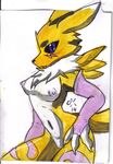  black_sclera blue_eyes breasts chest_tuft claws digimon facial_markings female fur glove looking_at_viewer markings navel nipples obi-kun open_mouth renamon tuft 