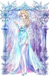  bare_shoulders blonde_hair blue_dress braid breasts brown_eyes cleavage copyright_name dated detached_sleeves dress elsa_(frozen) frozen_(disney) garter_straps hair_over_shoulder highres ice jewelry lace lace-trimmed_thighhighs large_breasts legs loiza long_hair long_legs necklace rococo signature single_braid smile solo thighhighs white_legwear 