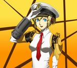 aegis_(persona) android blonde_hair blue_eyes hat kamui_sathi necktie peaked_cap persona persona_3 salute short_hair smile solo 