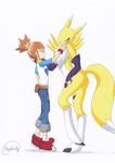  black_sclera blue_eyes butt chest_tuft claws clothed clothing digidredg digimon fur gloves hair human mammal plain_background renamon rika_nonaka side_view standing tuft white_background white_fur yellow_fur 