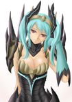  alatreon_(armor) armor breasts cleavage head_tilt highres horns large_breasts looking_at_viewer monster_hunter monster_hunter_3 oni-noboru simple_background smile solo spikes upper_body white_background wings 