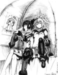  ballpoint_pen_(medium) black_legwear breasts closed_eyes covered_nipples crossed_legs felyne greyscale gypceros_(armor) kirin_(armor) looking_at_viewer medium_breasts monochrome monster_hunter multiple_girls oni-noboru short_hair sitting smile soles thighhighs traditional_media underboob 