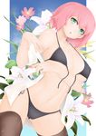  :o bikini breast_hold breasts cowboy_shot dress_shirt flower front-tie_top green_eyes highres large_breasts lily_(flower) looking_at_viewer midriff nail_polish navel oni-noboru open_clothes open_shirt original pink_hair pink_nails shiny shiny_skin shirt short_hair side-tie_bikini solo strap_gap swimsuit thighhighs thighs undressing untied wet 