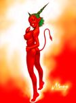  1girl abstract_background ass barefoot big_breasts breasts butt cute demon demon_girl demon_tail detailed female fire forefinger good green_eyes green_hair grin hair hand_on_hip horn human_feet large_breasts long_legs looking_at_viewer looking_back monty nipples not_furry pinup playful po-ju pointy_ears pose red_skin red_theme seductive short_hair side_boob smile solo spade_tail standing succubus tail tiptoes 