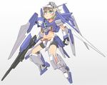  beam_rifle bike_shorts blonde_hair energy_gun green_eyes gundam gundam_age gundam_age-2 mecha_musume midriff navel personification short_hair solo yudepii 