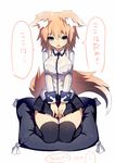  animal_ear_fluff animal_ears black_legwear blonde_hair blue_eyes bra breasts fox_ears fox_tail highres large_breasts looking_at_viewer mamuru open_mouth original pillow pleated_skirt see-through seiza short_hair simple_background sitting skirt solo sweat tail thighhighs thighs translation_request tsurime underwear wet wet_clothes white_background wide_hips zettai_ryouiki 
