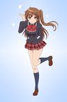  brown_eyes brown_hair chuunibyou_demo_koi_ga_shitai! greco hair_ornament hairclip highres long_hair nibutani_shinka one_eye_closed school_uniform side_ponytail v 