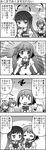  4girls 4koma akemi_homura bow comic feathers greyscale hair_bow hairband highres kamijou_kyousuke long_hair mahou_shoujo_madoka_magica mahou_shoujo_madoka_magica_movie miki_sayaka momoe_nagisa monochrome multiple_girls partially_translated school_uniform shizuki_hitomi short_hair spoilers translation_request wide_face yuri yuuki_akira |_| 