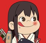  :q akagi_(kantai_collection) arrow blush brown_hair face flight_deck food food_on_face fujiya japanese_clothes kantai_collection long_hair muneate parody peko-chan red_background rice rice_on_face solo tongue tongue_out tsukumo 