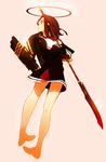  bare_legs glaive gloves halo highres kantai_collection md5_mismatch onioohashi pink_background polearm red_eyes short_hair sketch solo tatsuta_(kantai_collection) weapon 