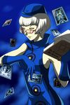  bespectacled blue_gloves bob_cut book card elizabeth_(persona) glasses gloves hat highres holding holding_card kamui_sathi open_book pale_skin persona persona_3 persona_4:_the_ultimate_in_mayonaka_arena red-framed_eyewear short_hair silver_hair solo tarot yellow_eyes 