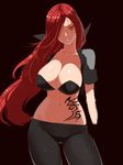  black_background breasts cleavage collarbone hair_over_one_eye huge_breasts katarina_du_couteau league_of_legends long_hair mx2j_(nsh6394) navel pants red_eyes red_hair solo tattoo tight tight_pants 