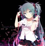  aqua_eyes aqua_hair cable character_name collarbone entangled hatsune_miku headphones long_hair looking_at_viewer off_shoulder ogipote pleated_skirt shirt skirt smile solo twintails very_long_hair vocaloid 