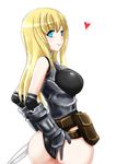  ass blonde_hair blue_eyes breasts elbow_gloves fantasy_earth_zero gloves hand_on_ass heart large_breasts leotard long_hair pouch simple_background smile solo sword urokozuki weapon white_background 