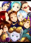  arm_holding armor ashe_(league_of_legends) bikini_armor black_hair blue_hair blush caitlyn_(league_of_legends) commentary_request forehead_protector highres jinx_(league_of_legends) league_of_legends leona_(league_of_legends) long_hair multiple_girls oldlim quinn red_hair sarah_fortune shauna_vayne sivir sunglasses tristana v yuri 