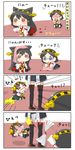  &gt;_&lt; 4koma animal_ears boots cat_ears chibi closed_eyes comic commentary_request detached_sleeves fan glasses hairband harisen haruna_(kantai_collection) hiei_(kantai_collection) highres kantai_collection kemonomimi_mode kirishima_(kantai_collection) multiple_girls non_non_biyori nontraditional_miko nyanpassu~ pleated_skirt puchimasu! skirt tears thigh_boots thighhighs towel towel_on_head translated yuureidoushi_(yuurei6214) 