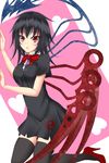  asymmetrical_wings black_dress black_hair black_legwear blue_wings bow breasts dress gmot heart high_heels highres houjuu_nue kneeling large_breasts looking_at_viewer red_footwear red_wings shoes short_sleeves solo thighhighs touhou wings zettai_ryouiki 