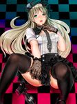  aqua_eyes between_thighs black_gloves black_legwear blonde_hair checkered checkered_floor dendoumushi flower gloves hair_flower hair_ornament hat knees_up lace lace_gloves long_hair looking_at_viewer lying necktie on_back open_mouth original shoes single_shoe solo thighhighs tongue tongue_out 
