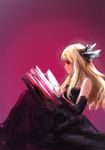  black_hair book detached_sleeves drawfag feathers gwendolyn hair_feathers long_hair odin_sphere open_book reading solo 