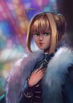  3four ahoge artoria_pendragon_(all) blonde_hair braid fate/stay_night fate_(series) feather_boa french_braid green_eyes hair_bun lips lipstick makeup nose saber socks solo 