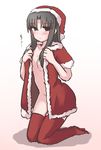  :&lt; bad_id bad_pixiv_id black_hair christmas hat kara_no_kyoukai kneeling long_hair naked_coat no_bra no_panties ohitashi_netsurou red_legwear ryougi_mana santa_hat thighhighs undressing 