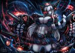  abs bare_shoulders black_hair breasts dark_persona elbow_gloves fingerless_gloves gloves glowing glowing_eyes hairband headgear kantai_collection large_breasts long_hair nagato_(kantai_collection) qblade red_eyes shinkaisei-kan solo thighhighs 