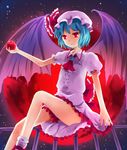  apple blue_hair bow brooch food fruit hachimitsu_ame_(phoenix) hat hat_bow jewelry moon nail_polish red_eyes red_moon red_nails remilia_scarlet short_hair solo touhou 