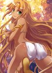 armband ass blonde_hair breasts claire_(hihouden) green_eyes hairband hihouden kneeling large_breasts long_hair looking_back sideboob smile solo tan very_long_hair yumi_yumi 