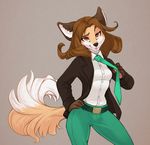  brown_fur brown_hair canine clothed clothing female fox fur hair iskra mammal multicolor_fur necktie plain_background red_eyes smile solo tan_fur white_fur 