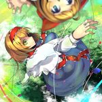  alice_margatroid blonde_hair blue_dress blue_eyes blurry bow capelet depth_of_field dress hair_bow hairband jewelry long_sleeves looking_at_viewer puppet_strings ring sash shanghai_doll touhou umigarasu_(kitsune1963) upside-down yellow_eyes 