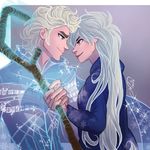  blue_eyes elsa_(frozen) genderswap jack_frost_(rise_of_the_guardians) long_hair smile staff white_hair 
