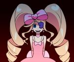  arms_behind_back bare_shoulders big_hair blonde_hair blue_eyes bow crazy dress drill_hair empty_eyes eyepatch hair_bow harime_nui kill_la_kill long_hair pink_bow smile solo strapless strapless_dress twin_drills twintails wata_do_chinkuru 