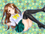  black_legwear blush brown_eyes brown_hair dendoumushi fang legs_folded light_smile long_hair original panties pantyshot pantyshot_(sitting) plaid plaid_skirt sitting skirt solo star thighhighs underwear white_panties 