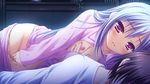  1boy 1girl blue_hair boy breasts fingering game_cg long_hair lump_of_sugar man masturbation moekibara_fumitake moonlight night pajamas purple_eyes sekai_to_sekai_no_mannaka_de small_breasts stealth_masturbation tsukidate_minori 