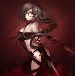  bare_shoulders black_dress braid breasts brown_hair choker consort_yu_(fate) dress dual_wielding fate/grand_order fate_(series) glasses holding large_breasts long_hair looking_at_viewer red_eyes single_braid solo strapless strapless_dress sword weapon yuemanhuaikong 