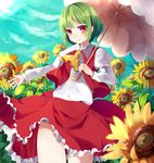  flower green_hair hachimitsu_ame_(phoenix) kazami_yuuka parasol red_eyes short_hair solo sunflower touhou umbrella 