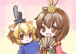  1girl :&lt; animal_ears blonde_hair brown_eyes brown_hair chibi fan folding_fan genbu96 hat hina_ningyou hinamatsuri japanese_clothes lion_ears open_mouth red_eyes saishi sakutarou smile umineko_no_naku_koro_ni ushiromiya_maria 