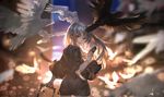  alcd bird blurry bokeh camera commentary depth_of_field dress highres long_hair long_sleeves looking_at_viewer looking_back pixiv_fantasia pixiv_fantasia_fallen_kings silver_hair solo yellow_eyes 