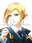  annie_leonhardt blonde_hair blue_eyes blurry clenched_hands commentary cosplay depth_of_field epaulettes fare fighting_stance folded_ponytail frown highres look-alike military military_uniform natalia_poklonskaya necktie portrait real_life russian shingeki_no_kyojin short_hair simple_background solo tsurime typo uniform white_background 