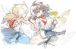  1boy 1girl abel abel_(street_fighter) androgynous battle belt blonde_hair bra brown_hair concept_abel concept_art dougi female_abel fighting_stance fingerless_gloves gloves long_hair low_twintails lowres makoto makoto_(street_fighter) matsuda_(matsukichi) otoko_no_ko red_bra sarashi scarf short_hair street_fighter street_fighter_iv trap twintails underwear 