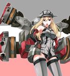  bad_id bad_pixiv_id bismarck_(kantai_collection) blonde_hair blue_eyes blush breasts brown_gloves cannon detached_sleeves gloves grey_legwear hat highres kantai_collection large_breasts long_hair looking_at_viewer makkori military military_hat military_uniform open_mouth peaked_cap solo thighhighs uniform 